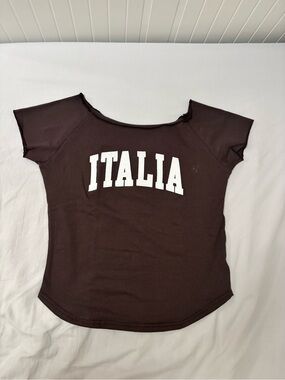 YesStyle Italia Scoop-Neck Tee - Brown & White